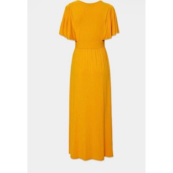 Forever 21 Yellow V Neck Flutter Sleeve Maxi Dress Button Front Slit Size L - Picture 7 of 7